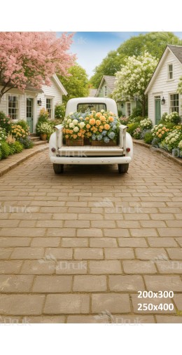 Tło fotograficzne „Biały pickup w wiosennej pastelowej alejce” | E_732